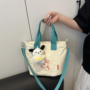 Large capacity canvas tote bag with cartoon bear print and blue straps for summer 2025