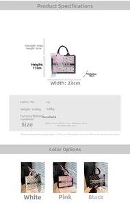 Detailed dimension guide and color comparison for a tote bag with bow and lace trim