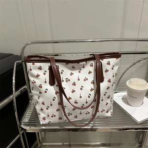 Women Fashion Cherry Print PU Leather Tote Bag Vintage Casual Shoulder Handbag With Contrast Brown Handle Shopping Bag