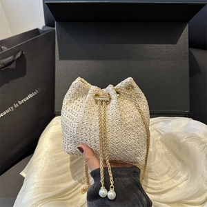 Women Fashion Woven Straw Bucket Bag With Gold Chain Strap Artificial Pearl Drawstring Summer Beach Shoulder Crossbody Bag Handbag