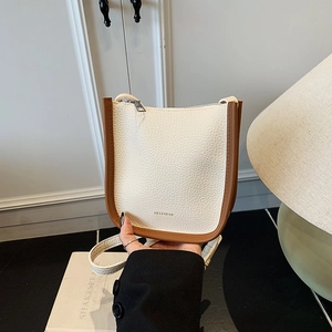 Korean Style Minimalist Women PU Leather Bucket Bag Small Crossbody Shoulder Bag Contrast Color Lychee Pattern Zipper Square Purse