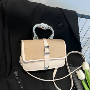 Women's Modern PU Leather Woven Patchwork Handbag With Silver Irregular Metal Handle Small Square Crossbody Shoulder Bag