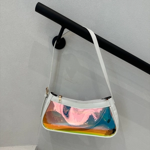 Bolso de hombro holográfico en TPU transparente con ribete de cuero blanco y cremallera