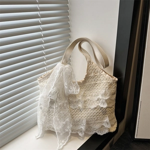 French Retro Women Lace Tote Bag Layered Ruffle Shoulder Bag With Large Bow Sweet Creamy White Underarm Bag For Holiday Daily Use