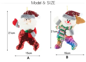 Tabella taglie per decorazioni natalizie con paillettes a forma di Babbo Natale e pupazzo di neve