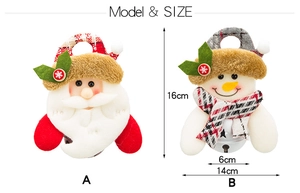 Detailed dimensions of plush Santa and Snowman ornaments with 6cm metal bells
