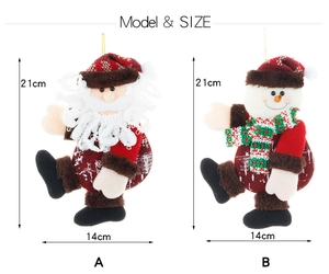 Detail view of Santa and snowman fabric ornaments with 21cm height measurement guides