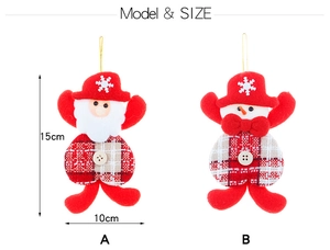 Detail showing Santa and Snowman fabric ornaments with red plush and plaid patterns