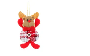 Detailed view of plush Christmas reindeer ornament with red plaid fabric and golden antlers