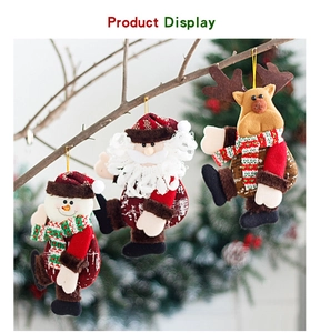 Detail showing plush Christmas ornaments featuring Santa, snowman and deer hanging on branches