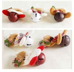 Detail of Christmas bell ornaments with plush Santa, reindeer, and snowman icons