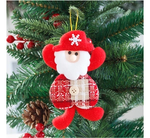 Detailed plush Santa hanging ornament with red plaid pattern and wooden button detail