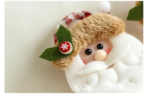Detailed macro view of a 6cm plush Santa Claus bell ornament with HO embroidery