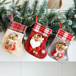 3D Cartoon Christmas Stocking Decoration With Bell Burlap Plaid Santa Snowman Reindeer Small Gift Bag Hanging Ornament