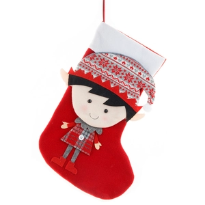 Calza di Natale con un simpatico elfo dei cartoni animati e cappello con fiocchi