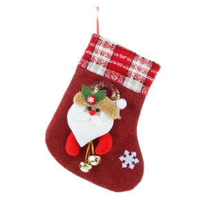 Hessian Christmas stocking with Santa Claus applique, plaid cuff, and gold jingle bells
