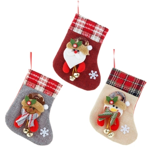 Three-piece linen Christmas stockings set with Santa, Reindeer, Snowman and bells
