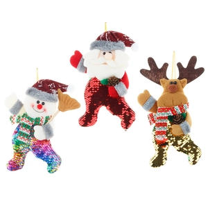 Set di tre decorazioni natalizie con paillettes: Babbo Natale, pupazzo di neve e renna