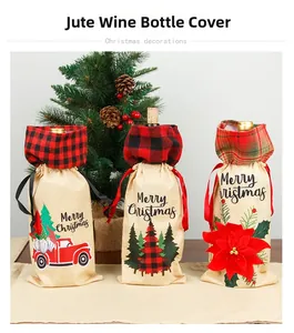 Detail of burlap Christmas wine bottle covers with drawstring and plaid patterns