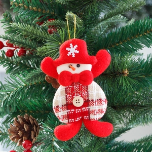 Festive red snowman heart pendant with plaid fabric and wood button on Christmas tree