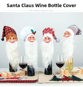 Set of four unique Santa Claus wine bottle covers with knitted hats for holiday table decor