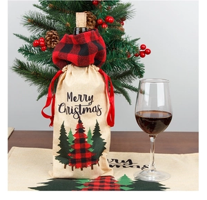 Linen Christmas wine bottle bag with red plaid tree and Merry Christmas print detail