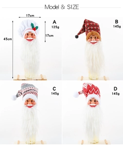 Detailed view of four Santa gnome wine bottle covers with dimensions and weights