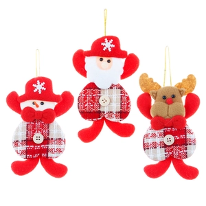 Red plush heart-shaped Christmas ornaments with Santa, snowman and reindeer designs