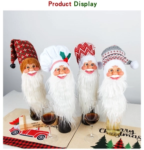 Detail of four unique Santa wine bottle covers with long beards and glasses for Christmas