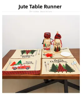 Christmas burlap placemat set with red truck and festive tree patterns on a wooden table