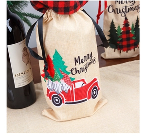 Linen Christmas wine bottle bag featuring a gnome, red truck, and buffalo plaid drawstring