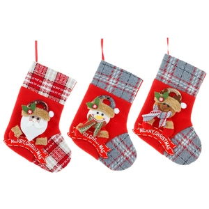 Set of 3 red Christmas stockings with Santa snowman and reindeer plush characters