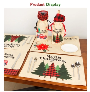 Detailed Christmas table runner and wine bottle covers with red truck and festive tree patterns