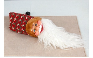 Close-up of Santa bottle cover featuring long white beard and gold-rimmed glasses