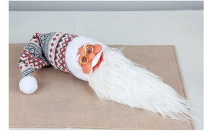 Detail of Santa Claus wine bottle cover with knit hat and long white plush beard decoration