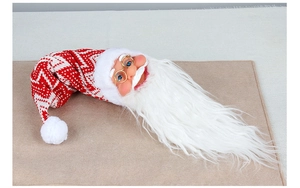 Detail of Santa bottle cover with red knit hat, gold glasses and long white beard