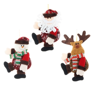 Three-piece Christmas plush ornaments set featuring Santa, snowman, and reindeer figures