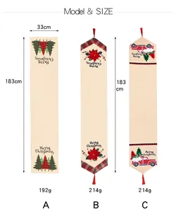 Size chart showing 33x183cm dimensions for Christmas linen table runners with festive prints