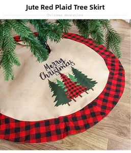 Linen Christmas tree skirt with red and black buffalo plaid edge and Merry Christmas print