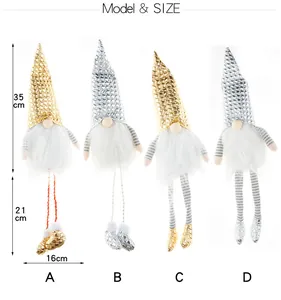 Guía de tallas para gnomos navideños con adornos de peluche de patas largas doradas y plateadas