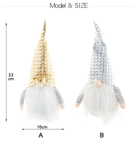 Dimensions détaillées de gnomes de Noël de 33 cm avec chapeaux dorés et argentés