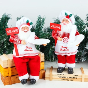 Christmas Chef Santa Claus Figurine With Welcome Sign And Tray Standing Sitting Red Plaid Chef Hat Xmas Holiday Decor