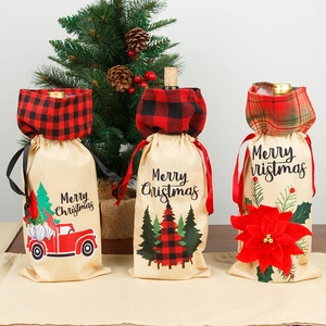 Set of 3 linen Christmas wine bottle gift bags with plaid patterns and Merry Christmas prints