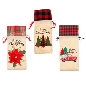 Three-piece linen Christmas wine bottle bags with plaid trim and festive holiday prints
