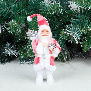 Père Noël décoratif en velours rose avec boîte cadeau argentée et sac de cadeaux