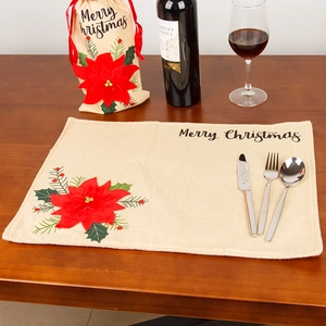 Linen Christmas table mat and wine gift bag set with red poinsettia and Merry Christmas print