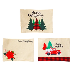 Three-piece linen Christmas placemats with retro truck and festive floral patterns