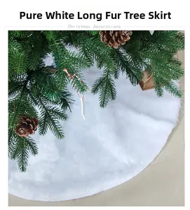 Detailed view of white faux fur Christmas tree skirt with festive holiday ornaments