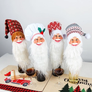 Set of 4 Christmas Santa wine bottle covers with diverse knitted hats and white beards