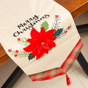 Linen Christmas table runner with 3D red flower and Merry Christmas embroidery